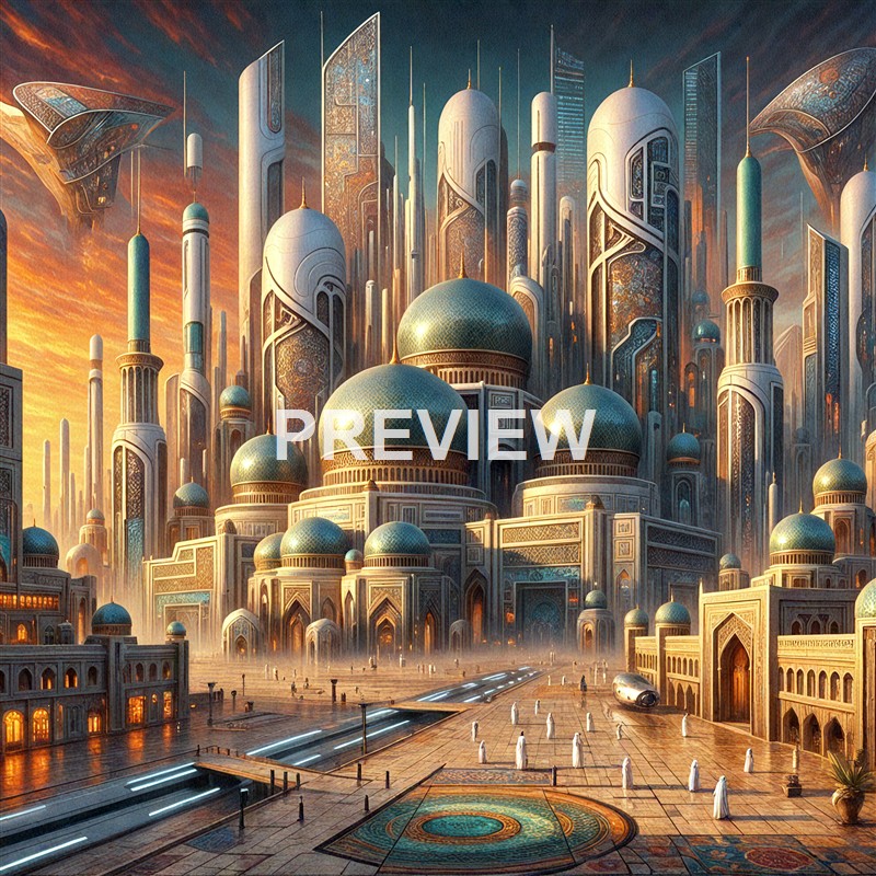 A futuristic cityscape featuring tall, sleek skyscrapers with intricate patterns, large domed structures, and a spacious platform with small human figures, set against a sunset sky.